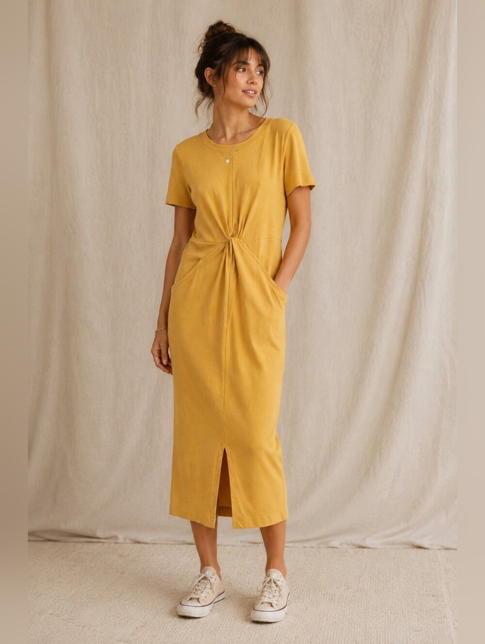 Daily Practice Delevan Dress Ochre Yellow Knot Front Pocket Midi Dress XS